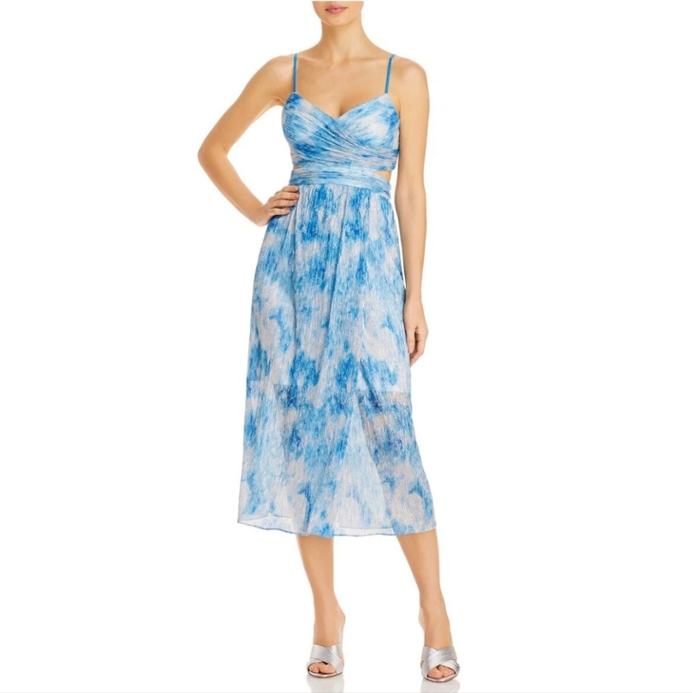 Aidan Mattox Blue Metallic Tie-Dye Pleated Spaghetti Strap Cutout Dress Size 8